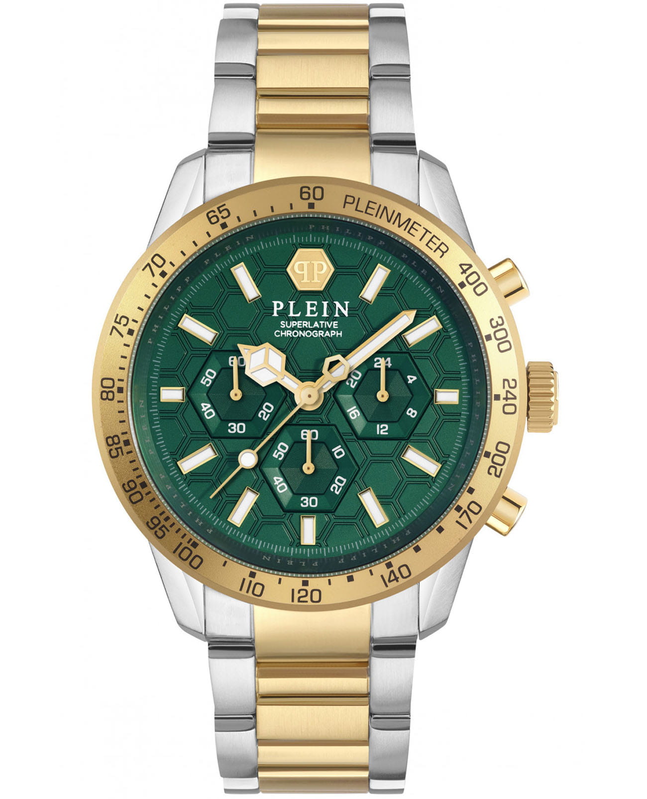 Philipp Plein Philipp Plein Pleinmeter PWPYA0524  PWPYA0524 кварцевые мужские часы зеленый циферблат, браслет нержавеющая сталь с ip-покрытием — вид спереди